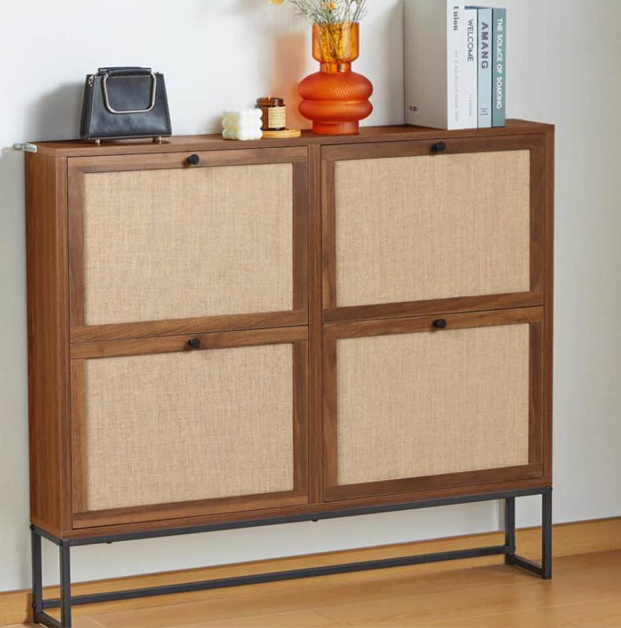 Modern Entryway Wooden Shoe Cabinet Freestanding Tipping Bucket Shoe Rack with 4 Flip Drawers