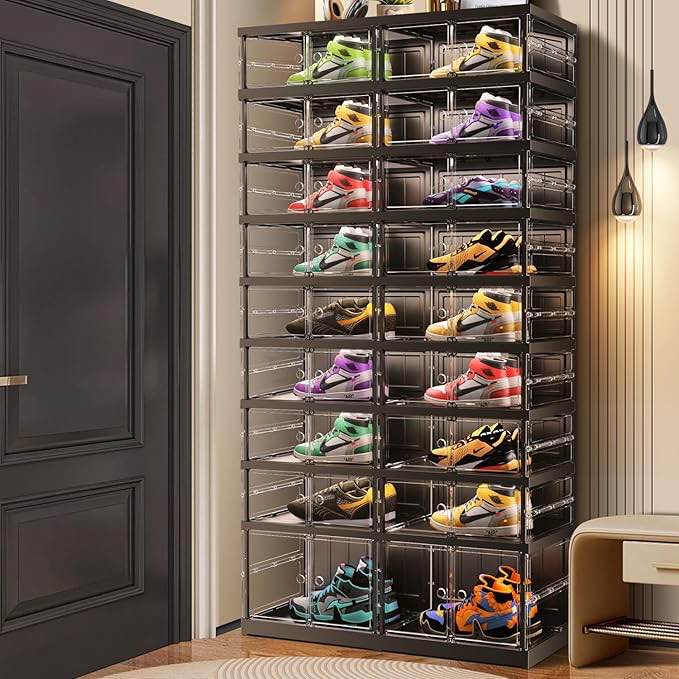 CIMLORD 9-Tier Foldable Shoe Rack for Closet Entryway 18-36Pairs,Stackable Clear Shoe Storage Boxes Organizer with Door Plastic Shoe Cabinet Bins with Lids Shoes Shelf Easy Assembly Large 