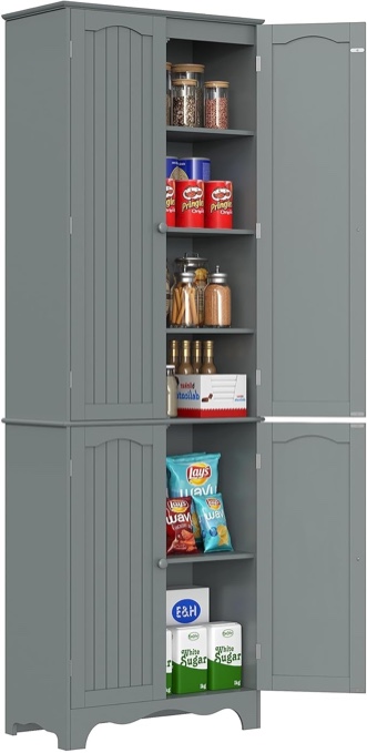 Function Home Tall Pantry Cabinet, Freestanding Storage Cabinet, Wooden Kitchen Pantry with 4 Doors and 5 Shelves, 72" Floor Cabinet Organizer for Kitchen Living Room Bathroom, Grey