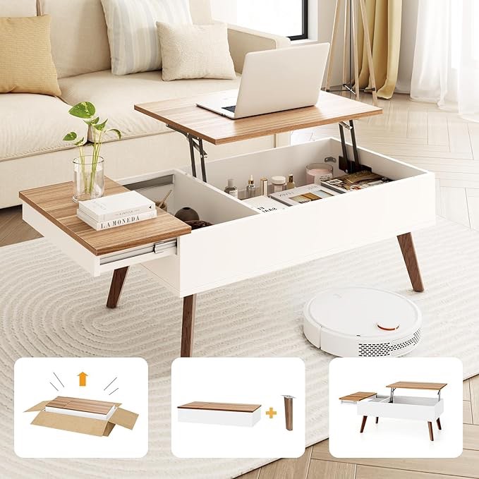 Bidiso Lift Top Coffee Table, Ten Minute Install Table Center with Hidden Storage Compartments, Rising Tabletop Dining for Living Room?Walnut