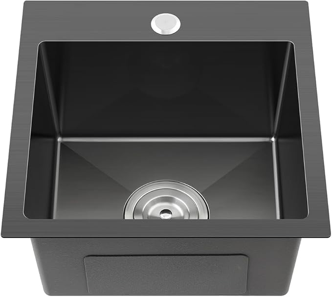 TSIBOMU 15 x 17 Inch Kitchen Bar Sink Drop In,304 Stainless Steel Handmade Single Bowl Topmount Kitchen Sink, Black