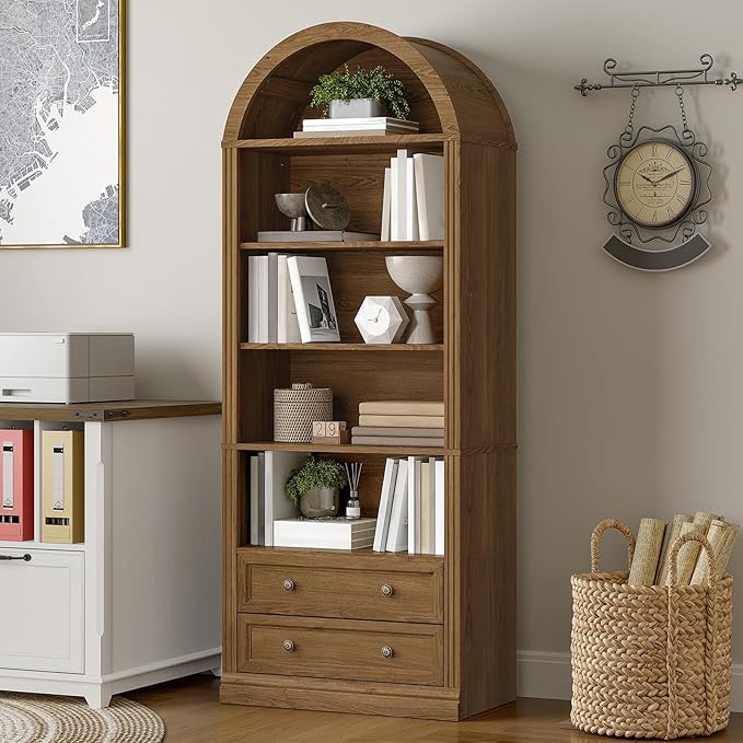 RALGEND Farmhouse Arched Bookshelf, 7 Tiers Arch Bookcase with 2 Spacious Drawers, Modern Book Shelf with Open Display Shelves and Storage Cabinet, for Office, Living Room, Kitchen, Walnut Visit the RALGEND Store