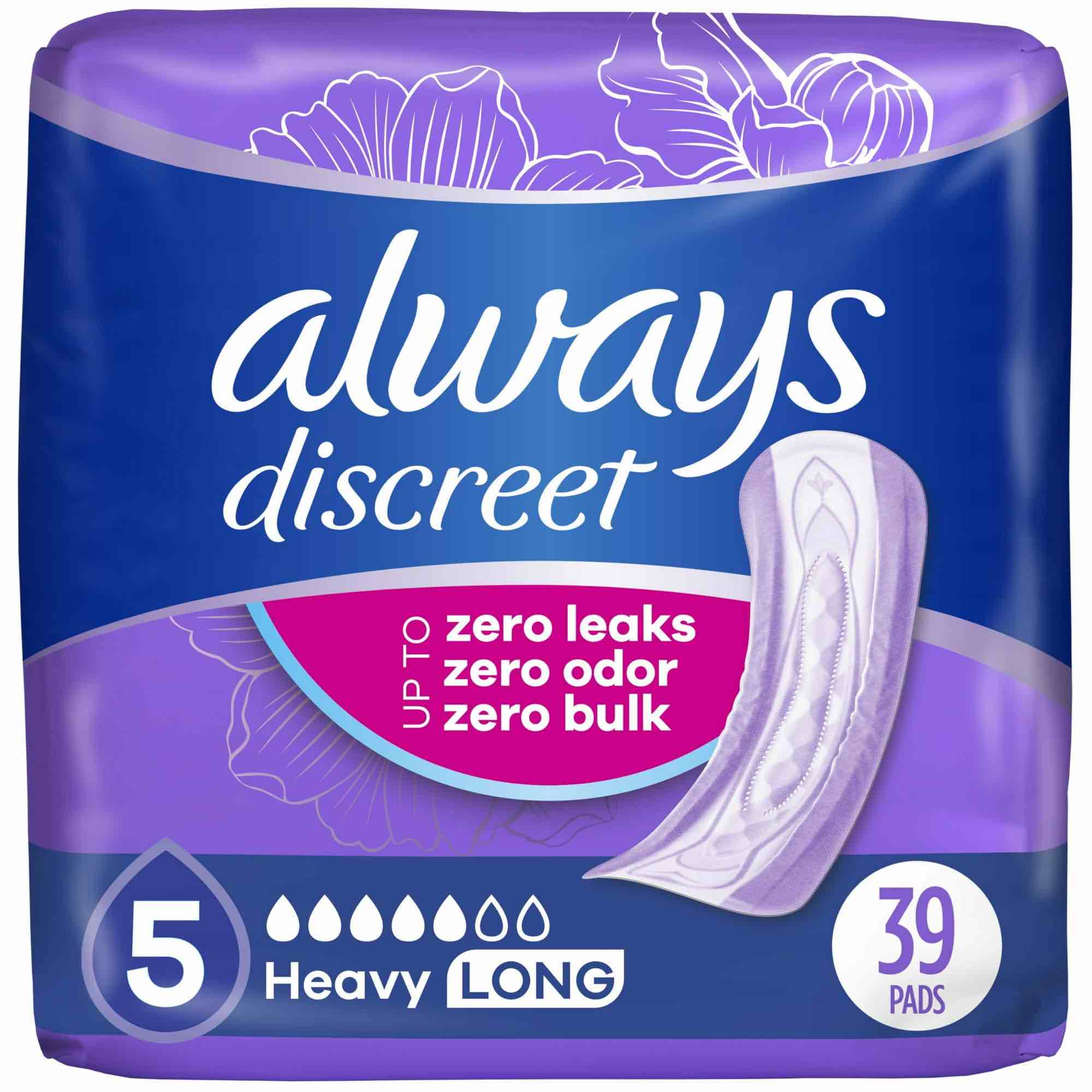 Always Discreet, Incontinence Pads for Women, Maximum, Long Length (Packaging May vary), Purple, 39 Count