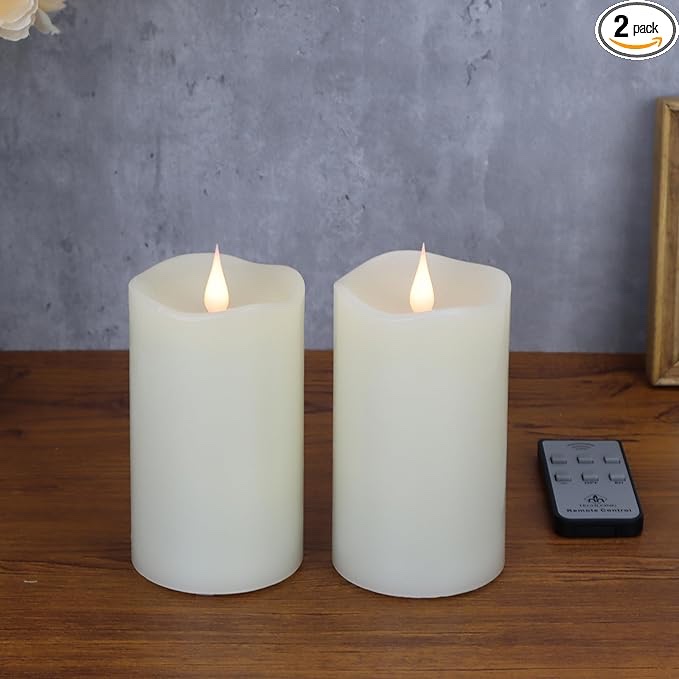 Flameless Candles with Remote Timer, 3D Moving Flickering Flame Battery Operated Candles Lasting 1000+ Hours, 3" x 5" Ivory Real Wax Electric LED Pillar Candles, Set of 5