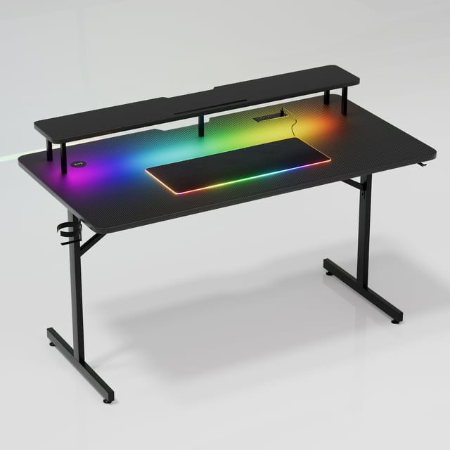 gtracing lumina elite led gaming desk with usb and power outlets, for home and office, monitor stand and wireless charging, black