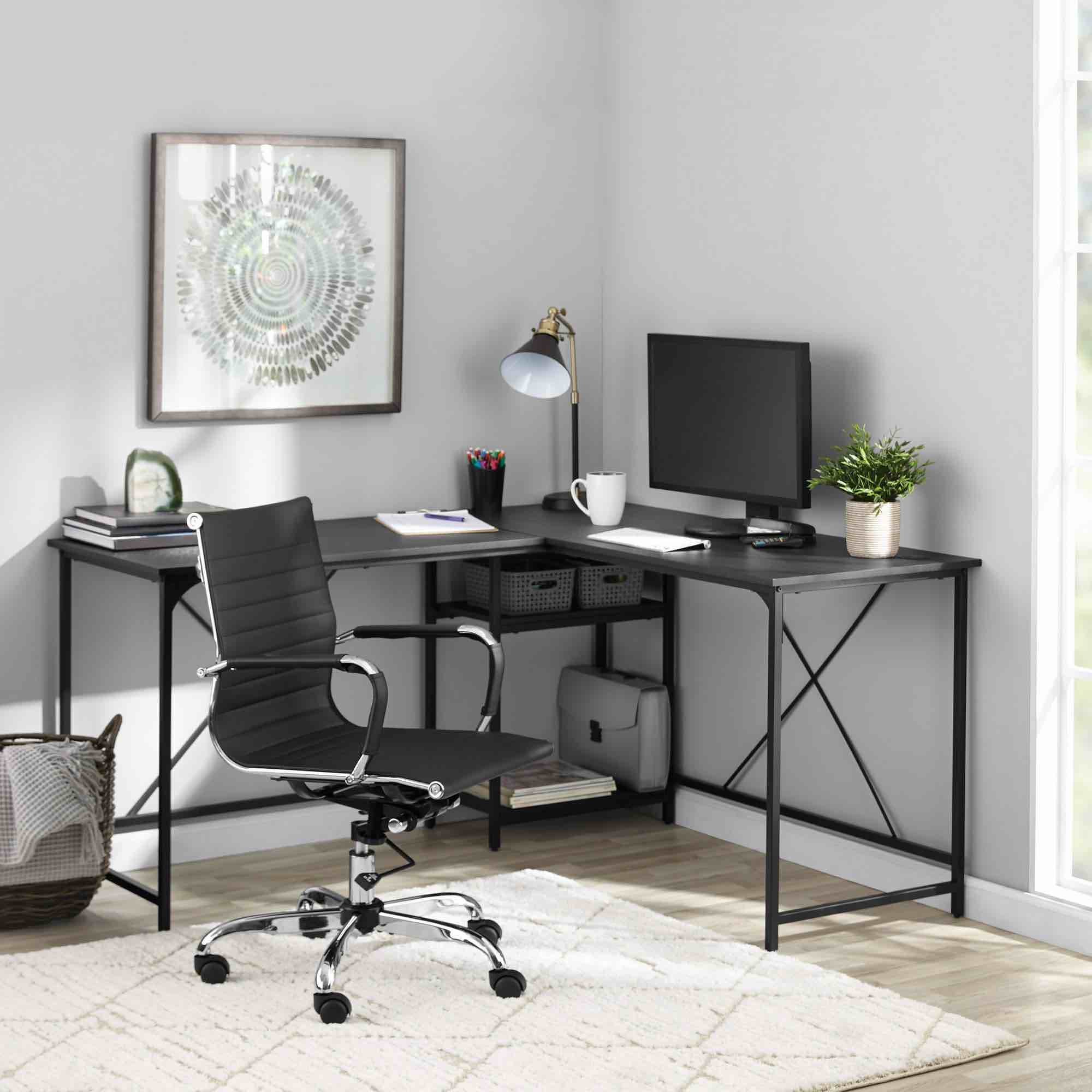 mainstays two-way convertible desk with lower storage shelf, charcoal, for adults and teens