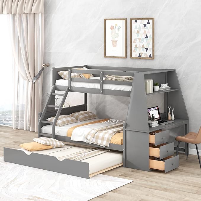 Bellemave Twin Over Full Bunk Beds with Trundle and Desk Wood Bunk Bed Frame with Three Storage Drawers and One Shelf for Kids Boys Girls Teens, Gray