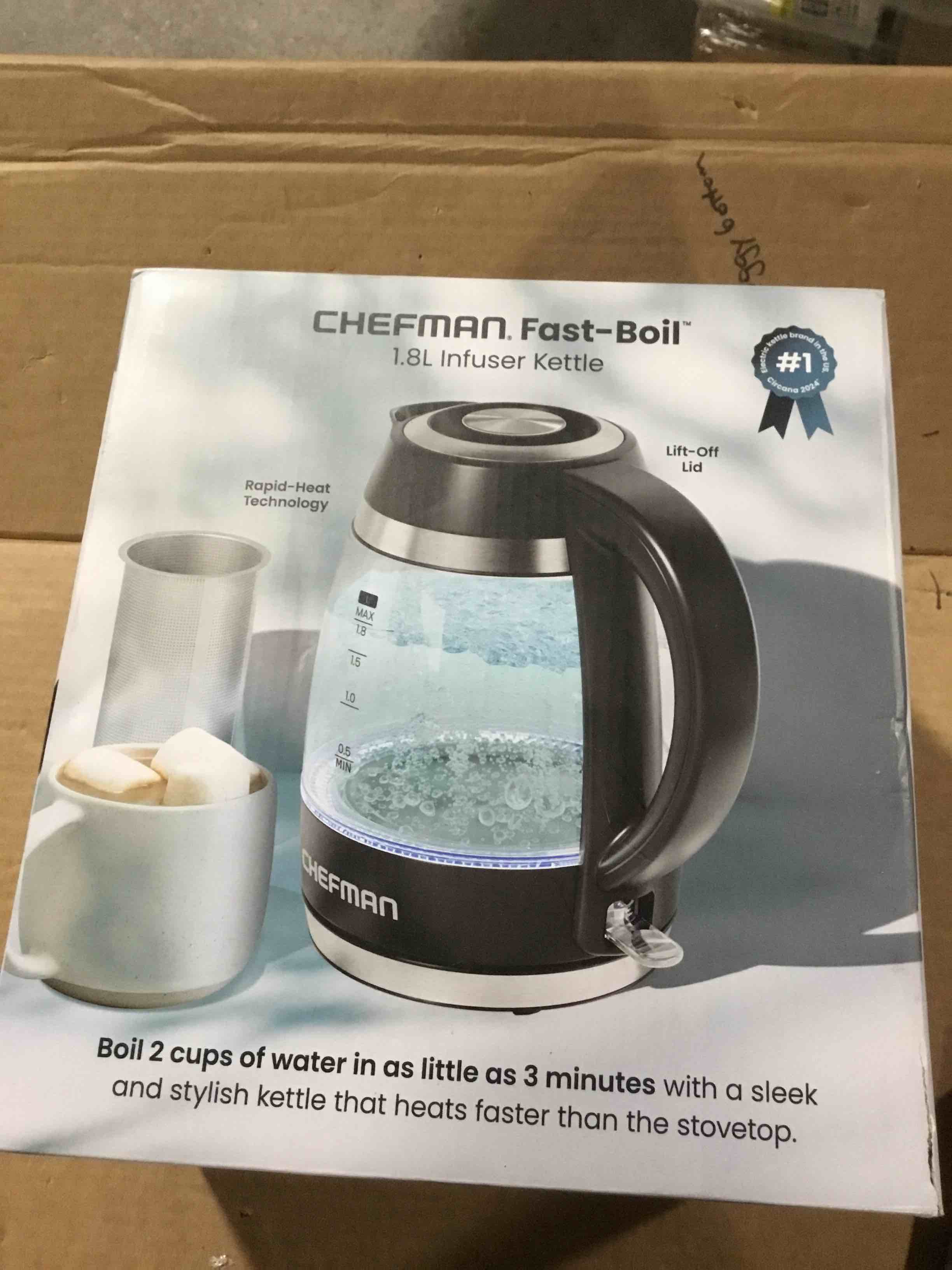 Condition photo showing As Is for Chefman Fast-Boil 1.8-Liter Infuser Electric Kettle, Black