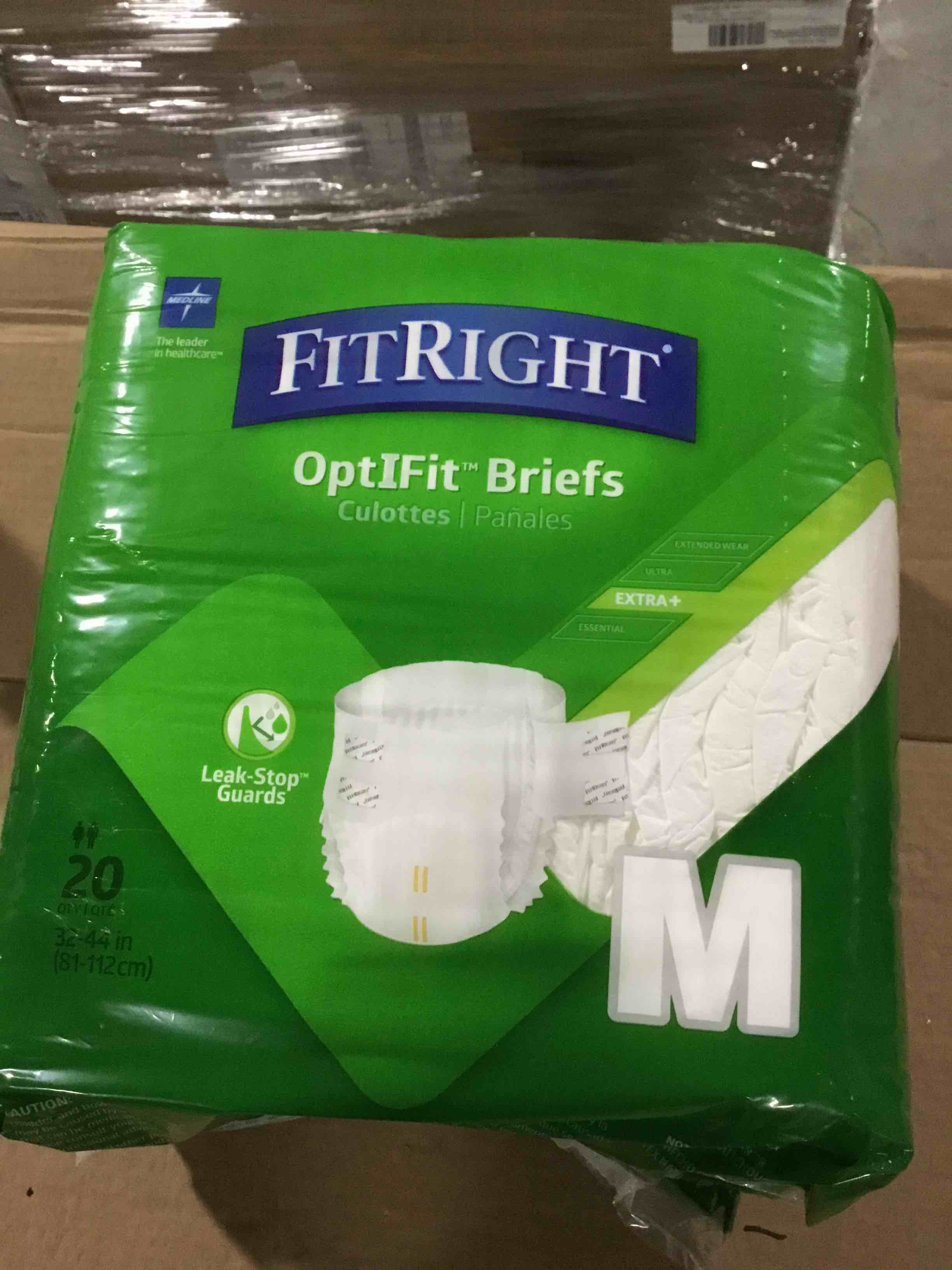 Condition photo showing New/Like New for FitRight OptiFit Extra+ Briefs with Leak Stop Guards  Adult Disposable Briefs with Tabs  Medium  32 -44   20 Per Bag