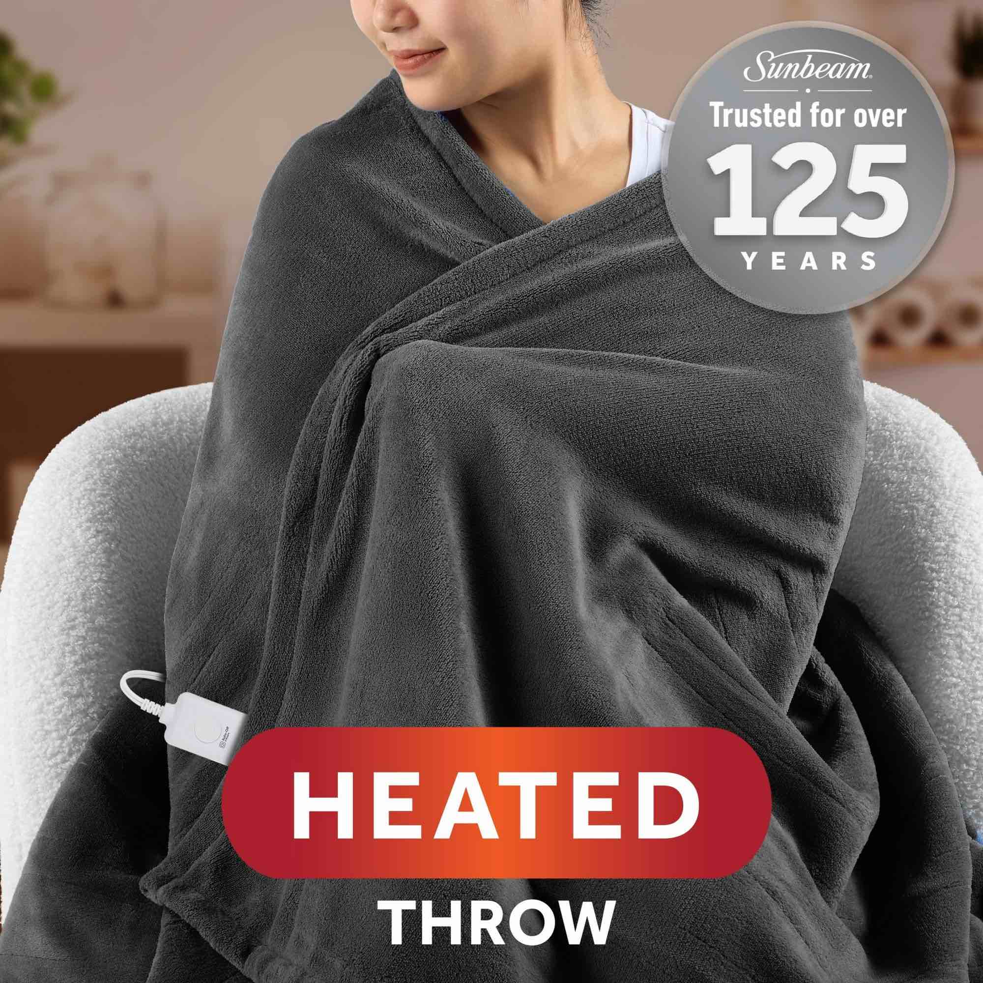 sunbeam heated throw blanket super soft microplush oversize grey stone faux shearling 4 heat settings