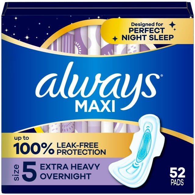 Always Maxi Overnight Pads with Wings for Women, Size 5, Extra Heavy Overnight Absorbency, Unscented, 52