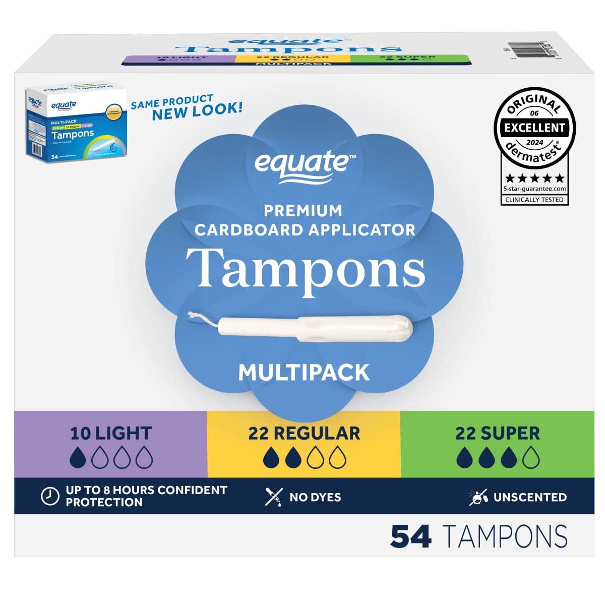 multi pack of 54 tampons, 10 light, 22 regular and 22 super absorbency