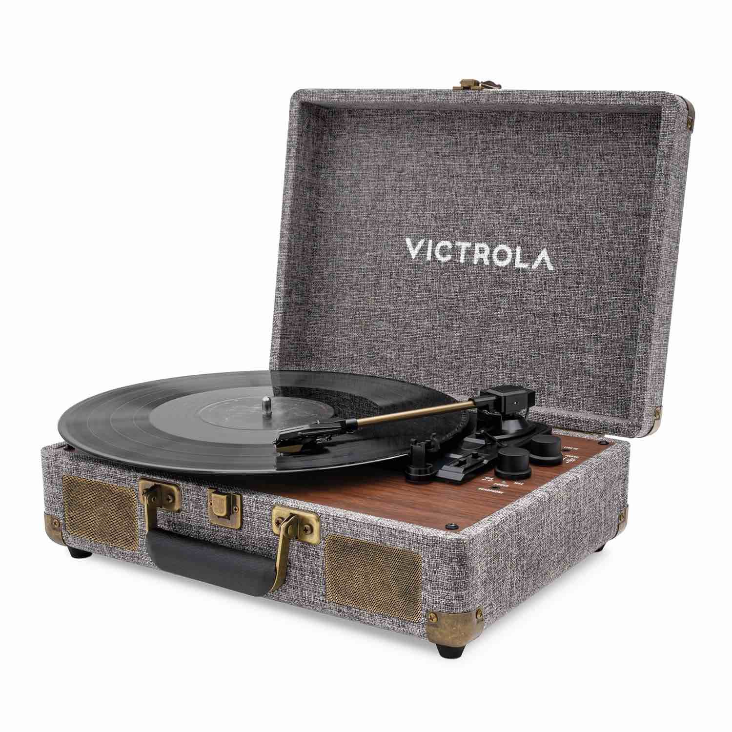 victrola venture bluetooth portable mid-century modern suitcase record player with 3-speed turntable & built-in speakers | walnut