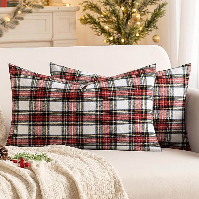 miulee christmas set of 2 scottish tartan plaid lumbar throw pillow covers farmhouse classic decorative outdoor cushion cases for home decor sofa couch 12x20 inch, red and white