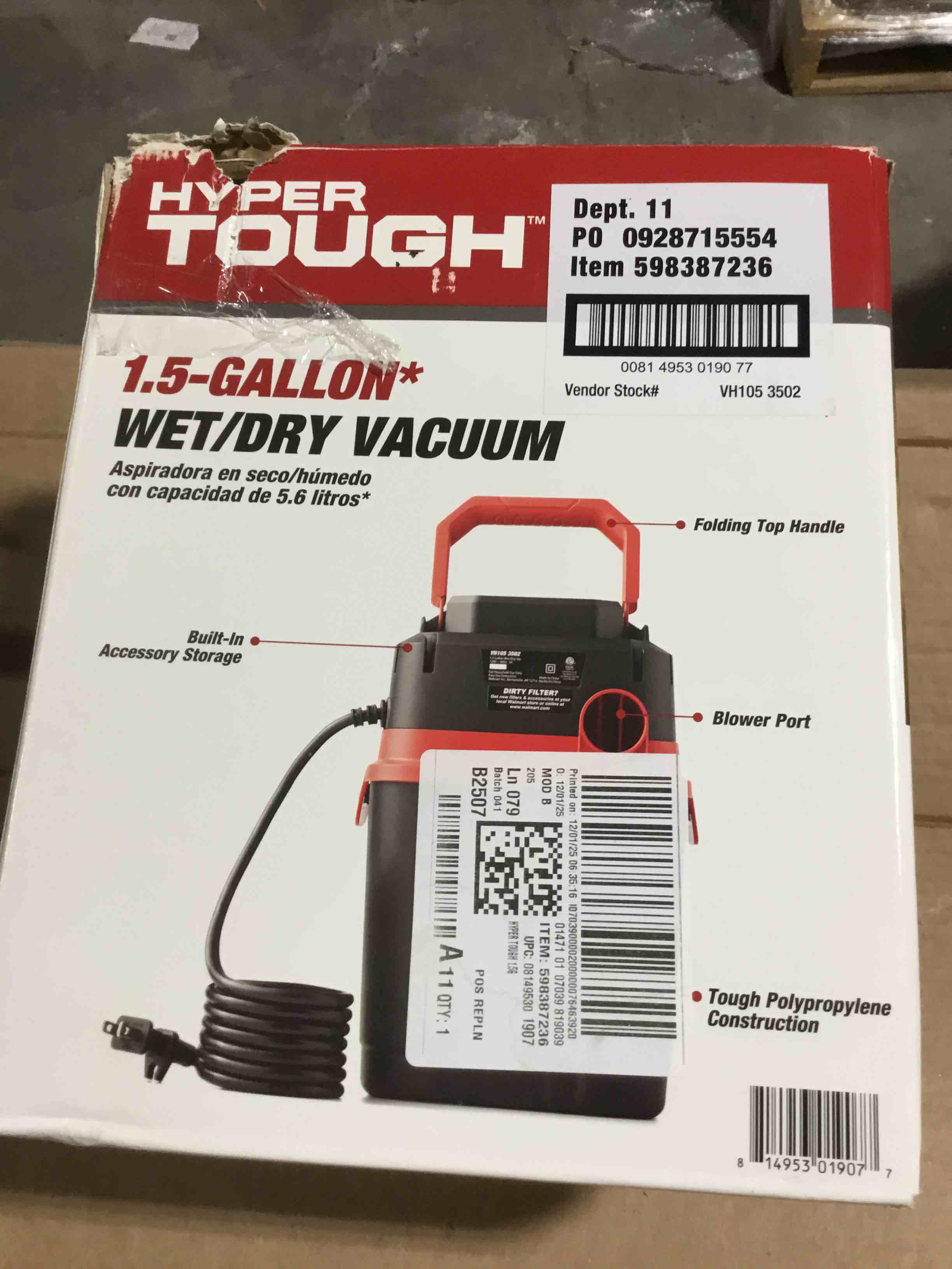 Condition photo showing New/Like New for Hyper Tough 1.5 Gallon 2 Peak HP Poly Wet/Dry Vacuum  VH105 3502  New
