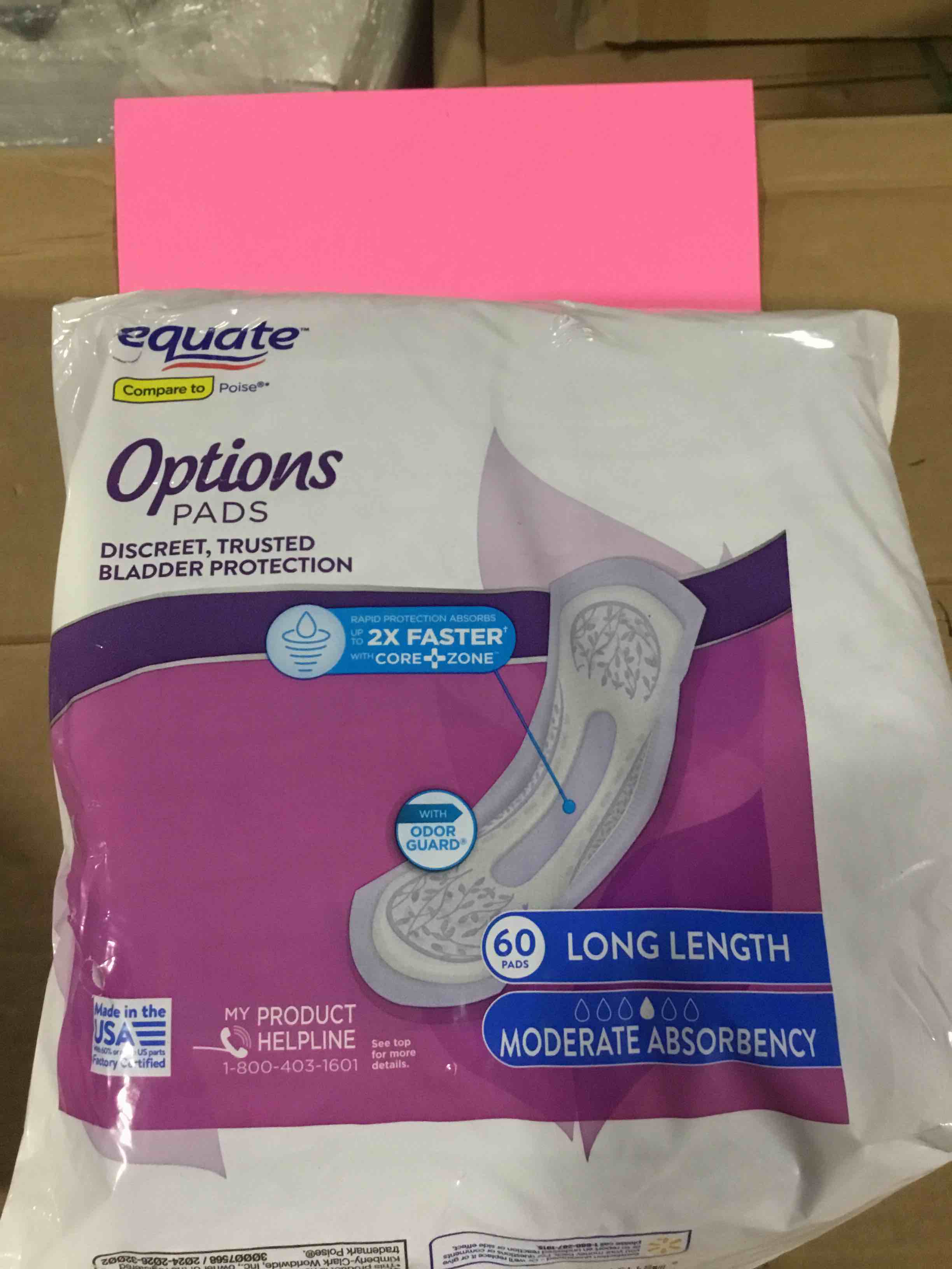 Condition photo showing New/Like New for Equate Options Women s Incontinence Pads  Moderate Absorbency  Long Length (60 Count)