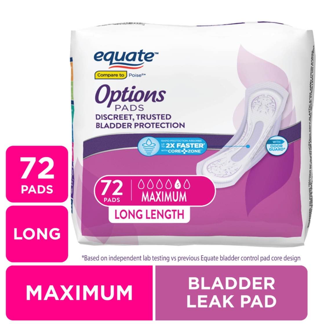 equate options women s incontinence pads  maximum absorbency  long length (72 count)