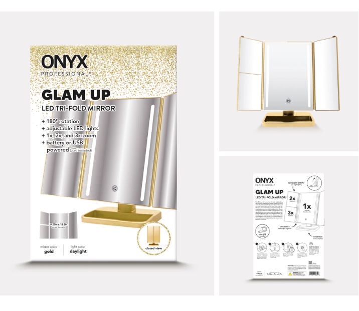 glam up led trifold mirror