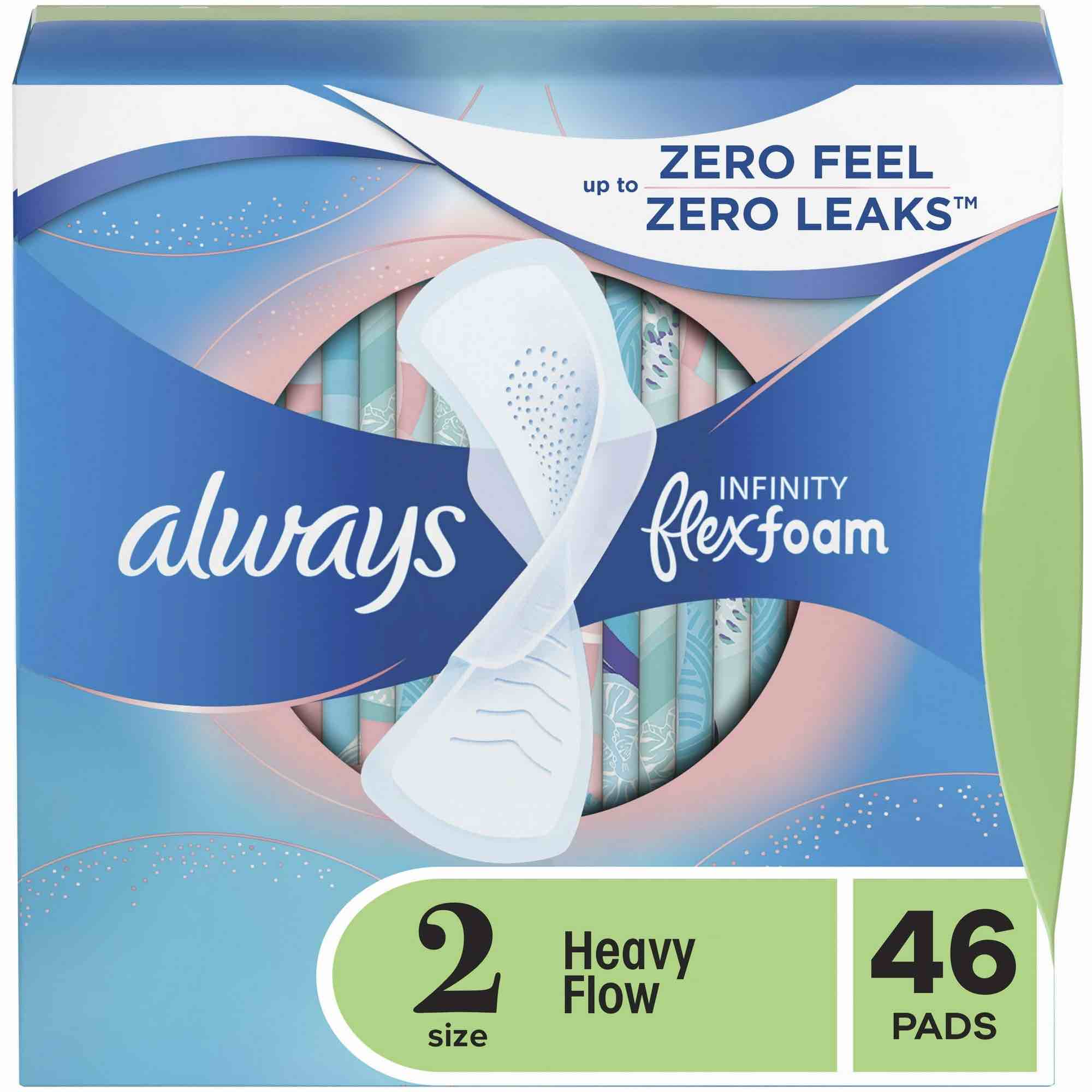 always infinity super absorbency avec flex foam pads - unscented - size 2 - 46ct