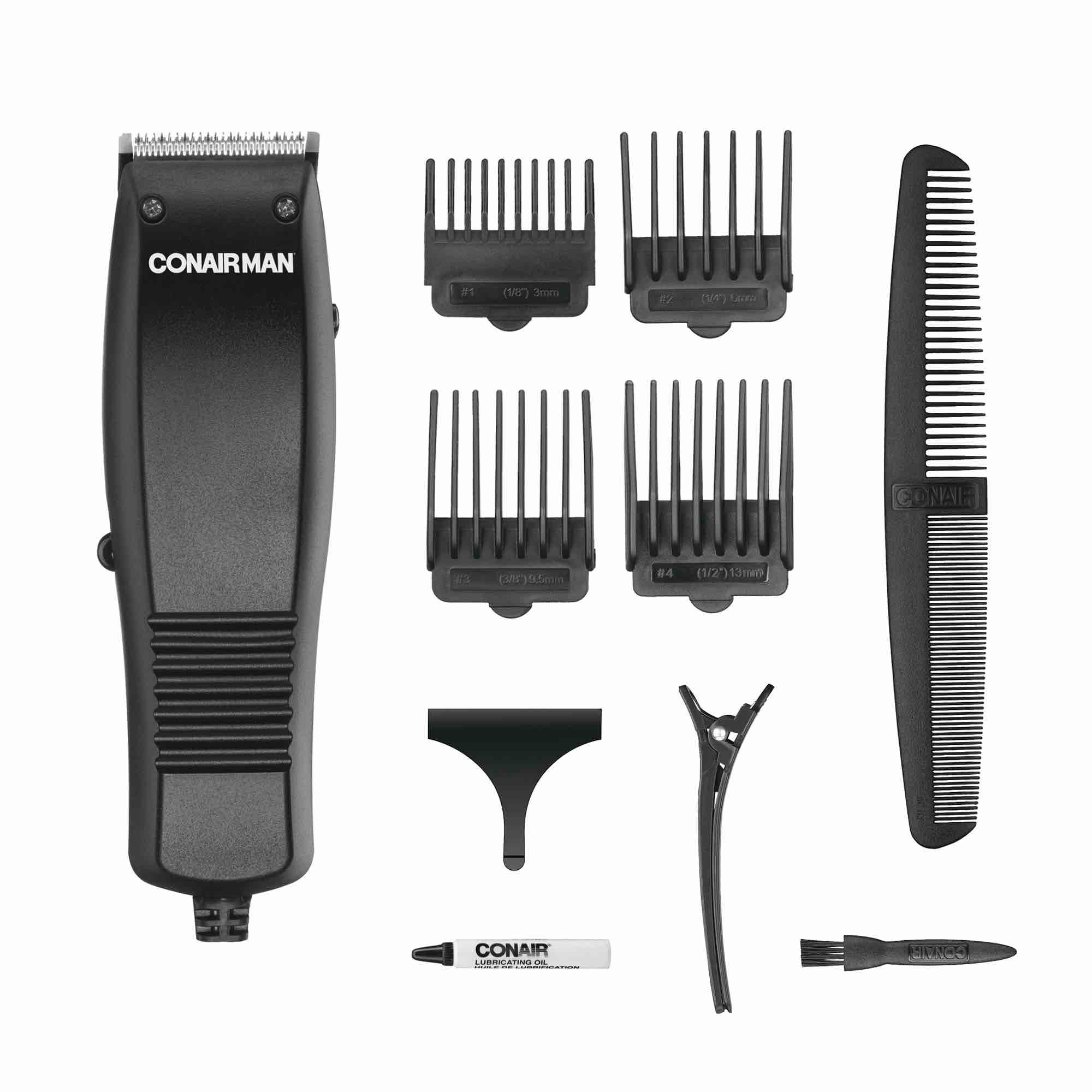 conairman lithium-ion battery powered all in one trimmer 16 total pieces  3 heads for beard  nose  and touch-ups  no slip grip gmt1800