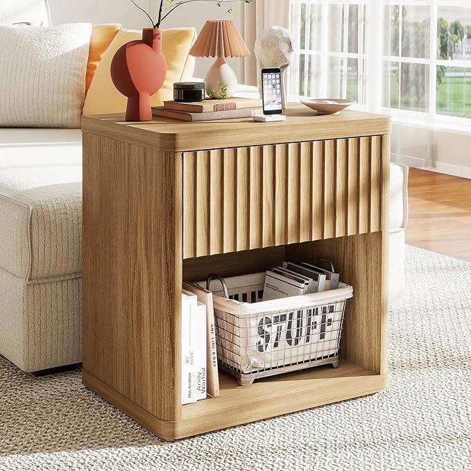 Fluted Nightstand, 22.8" Wide Night Stand with Drawer and Storage, Mid Century Bedside Table End Table, Large Modern Wood Nightstands for Bedroom Sofa Office