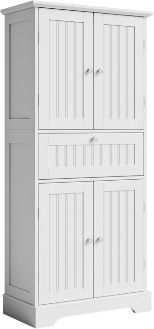 ChooChoo 51" H Tall Bathroom Floor Cabinet, Modern Bathroom Storage Cabinet with Drawer and Adjustable Shelves, Freestanding Kitchen Pantry Cupboard with 4 Doors for Living 
