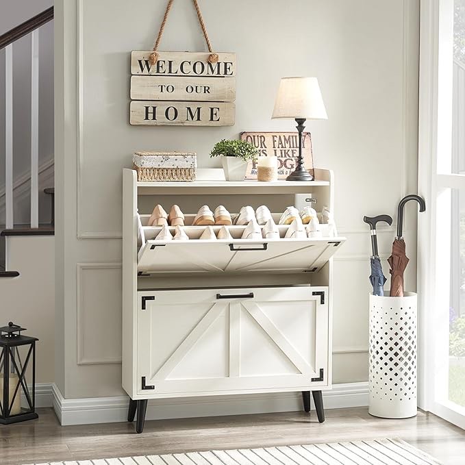 Shoe Storage Cabinet with 2 Flip Drawers, Farmhouse Hidden Shoe Organizer, Narrow Slim Shoe Rack Cabinet for Entryway Hallway,Antique White