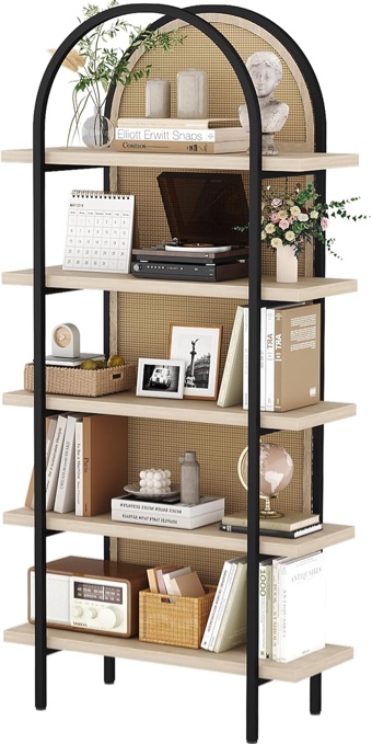 Yusong Bookshelf Rattan 5 Tier Arched Bookcase, 74" Tall Industrial Open Book Shelves for Living Room, Modern Freestanding Display Shelving Boho Storage Rack with Metal Frame for Office, Brown