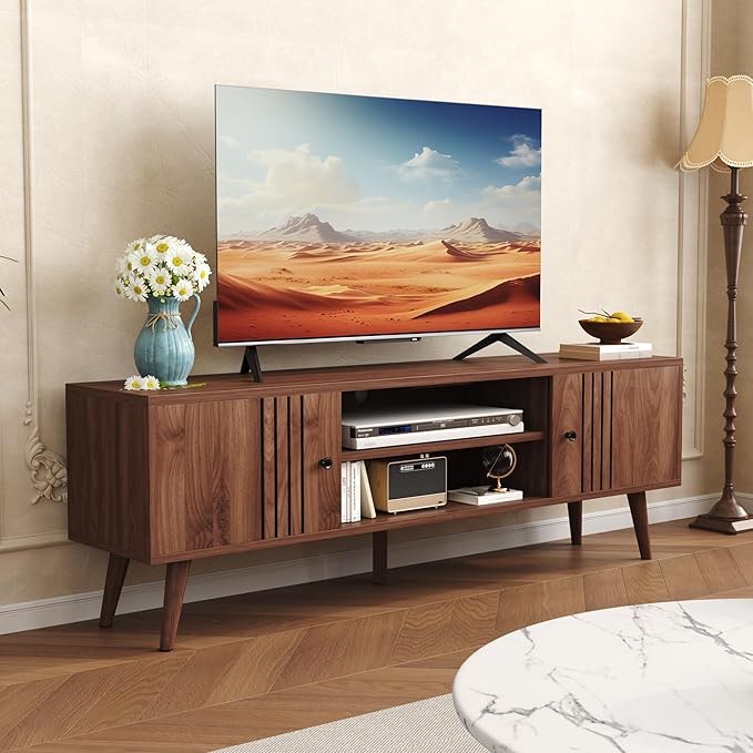 HOMEFORT TV Stand for 65/60/55 Inches, Mid-Century Modern TV Stand with Storage,Media Console Table,Entertainment Center with Sliding Door for TVs up to 65",for Bedroom,Living Room (Walnut)