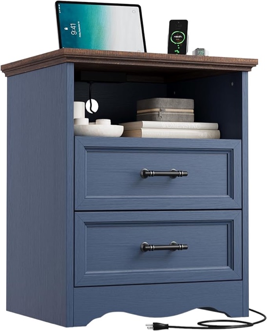 Blue Nightstand with Charging Station, Farmhouse End Table with 2 Drawers, Bedside Table with Space-Saving Storage Cabinet, Unique Base Design for Bedroom, Living Room
