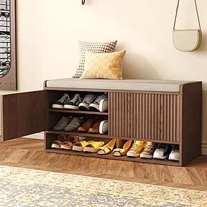 HOMEFORT 39.4" Fluted Shoe Storage Bench, Entryway Bench with Linen Seat Cushion, Shoe Cabinet Bench with Adjustable Shelf and Built-in LED Sensor Light, Bench for Bedroom End of Bed,Walnut