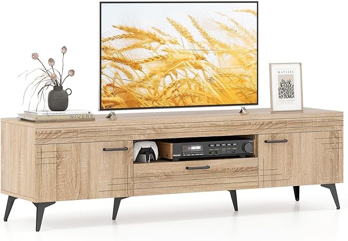 Tangkula Mid Century Modern TV Stand for TVs up to 65”, Entertainment Center with 2 Carved Cabinets, Storage Drawer & Open Shelf, TV Cabinet with Cable Hole, Media Console Table for Living Room (Oak)