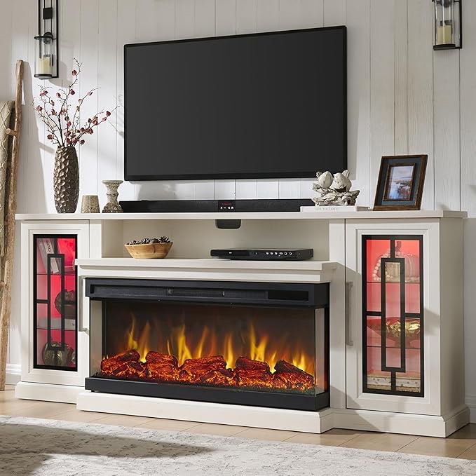 75 Inch Electric Fireplace TV Stand, 3- Side Glass LED Modern Media Entertainment Center Console Table for TVs up to 80/85 Inch w/Adjustable Flame, 40’’ Fireplace, Highboy, Distress White
