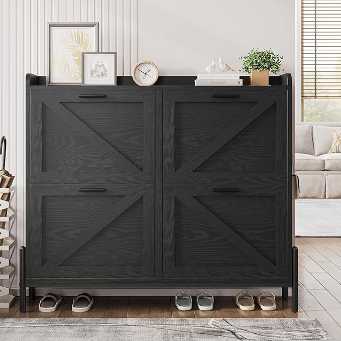 IRONCK Farmhouse Shoe Storage Cabinet with 4 Flip Drawers, Freestanding Shoe Organizer with Adjustable Shelf for Entryway, Narrow Shoe Rack Cabinet for Hallway, Living Room Grey 