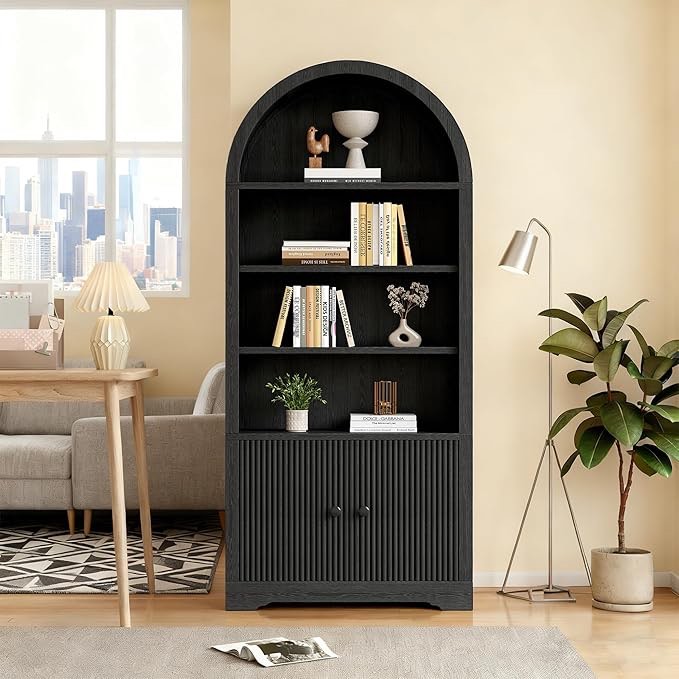 70" Modern Tall Arched Bookshelf, 2 Doors 6 Tiers Arch Cabinets with Storage, Farmhouse Book Shelf with Adjustable Shelves, Wood Bookshelf for Office Living Room, Kitchen, Natural-1