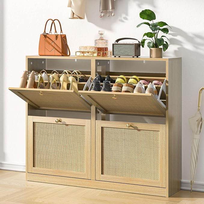 Rattan Shoe Cabinet Storage with 4 Flip Drawers, Slim Shoe Organizer with Adjustable Shelf, Freestanding Hidden Shoe Cabinet for Entryway Hallway