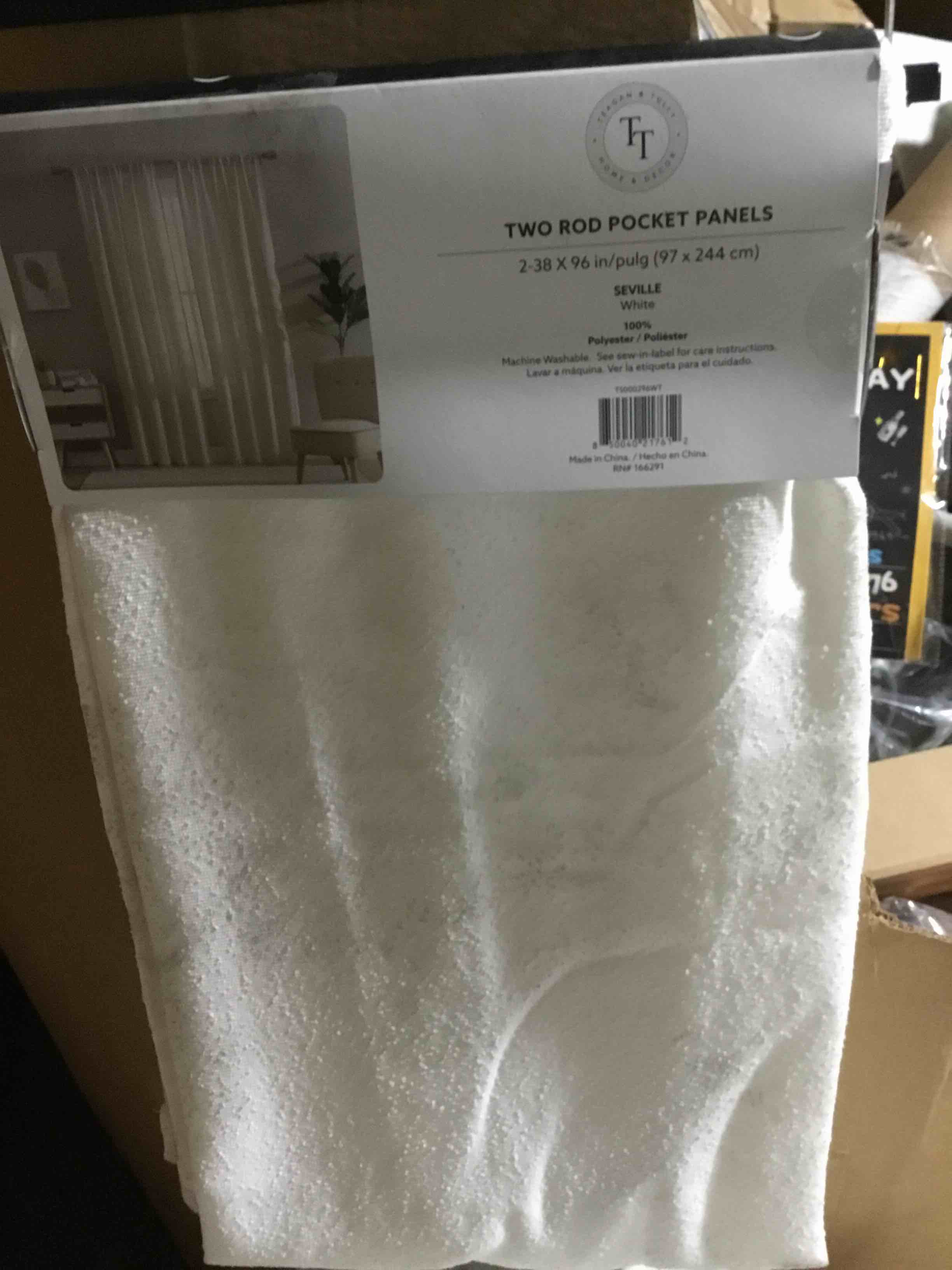 Condition photo showing New/Like New for Sally Textiles White Solid Print Rod Pocket Sheer Window Curtain Panel Pairs, 2 -38 x 96 in . ( 97x244cm)