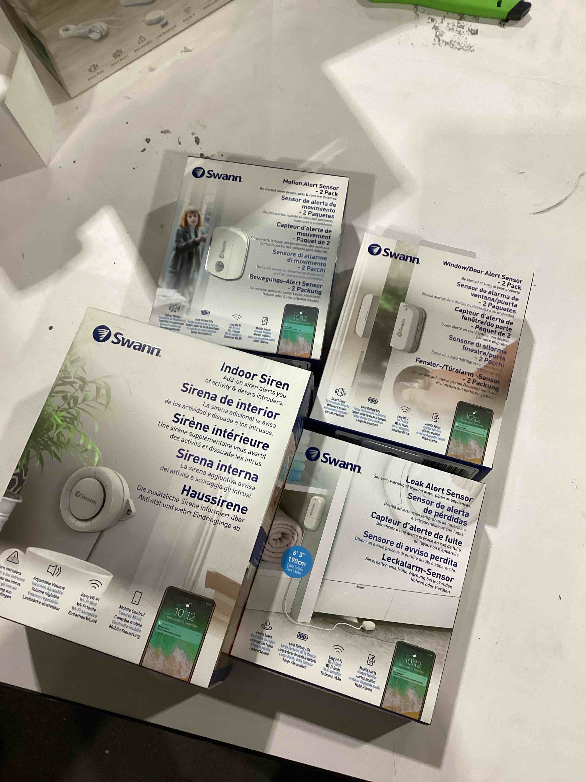 Condition photo showing New/Like New for Home Security Alert Kit with 2 Motion Sensors, 2 Window/Door Sensors, 1 Leak Sensor & Indoor Siren