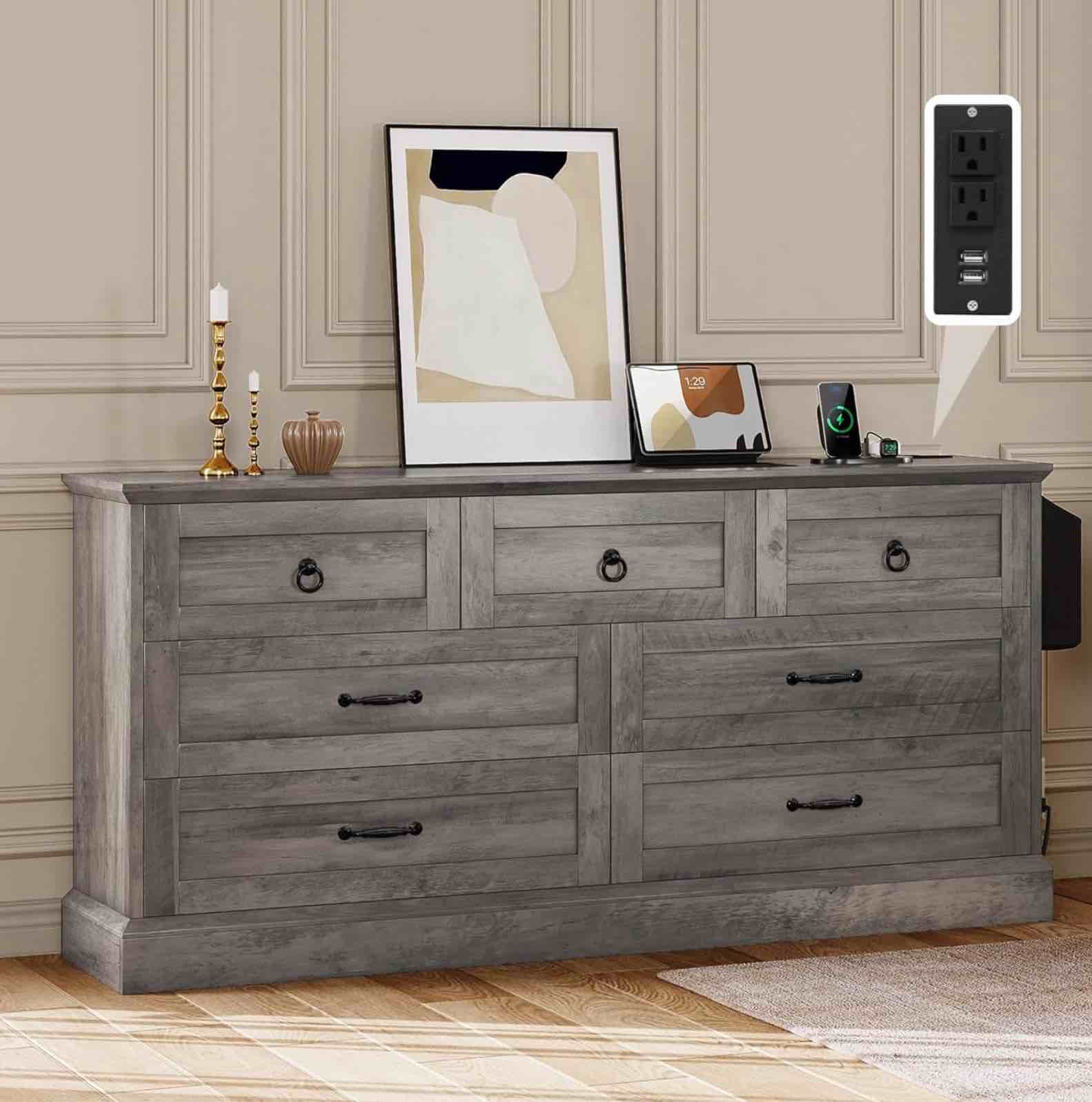 dwvo farmhouse 7 drawers dresser, 59\" wide wood rustic chest of drawers with nice texture, vintage design, storage dressers organizer for living room, hallway, grey grey 16\"d x 59.5\"w x 31\"h (7 drawers)