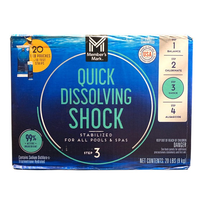 Member's Mark Quick Dissolving Shock, Step 3, 20lb, 20-Pack with 10 Test Strips