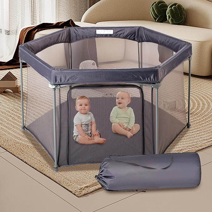Indoor/Outdoor Portable Play Yard with Breathable Mesh Walls, Enclosed Safe Space for Babies & Toddlers, Quick Foldable Playpen for Home Travel Park (Grey)
