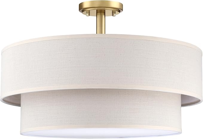 4 Light 18 Inch Semi Flush Mount Close to Ceiling Light Fixture,Cream Linen Fabric Shade Brushed Bronze Finish for Bedroom,Living Room,Dining Room Hallway
