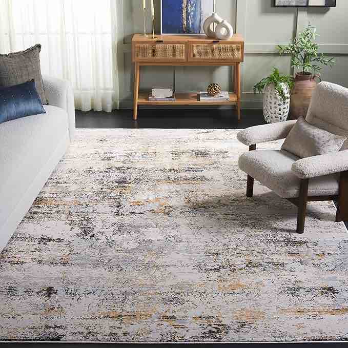 SAFAVIEH Amalfi Collection Area Rug - 9' x 12', Creme & Gold, Modern Abstract Distressed Design, Non-Shedding & Easy Care, Ideal for High Traffic Areas in Living Room, Bedroom (AMF572A)