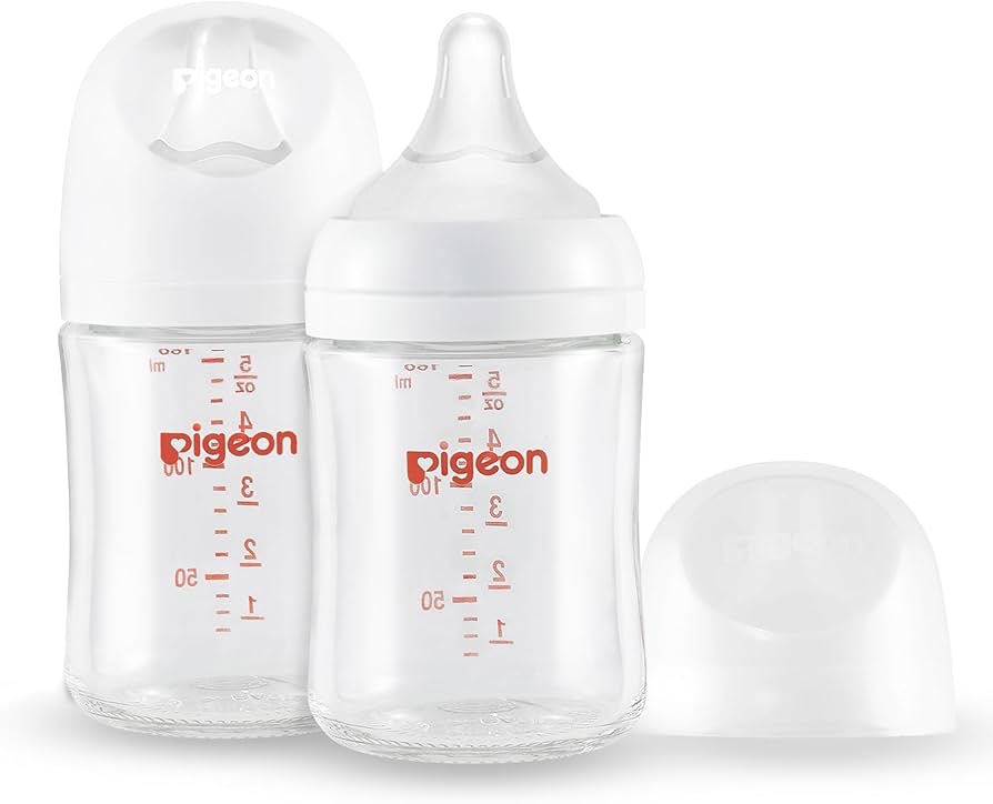 Pigeon Glass Nursing Bottle Wide Neck, Anti-Colic, Streamlined Body, Natural Feel, Easy to Clean, Heat-Resistant, 5.4 Oz(Pack of 2), Includes 2pcs SS Nipples (0m+)