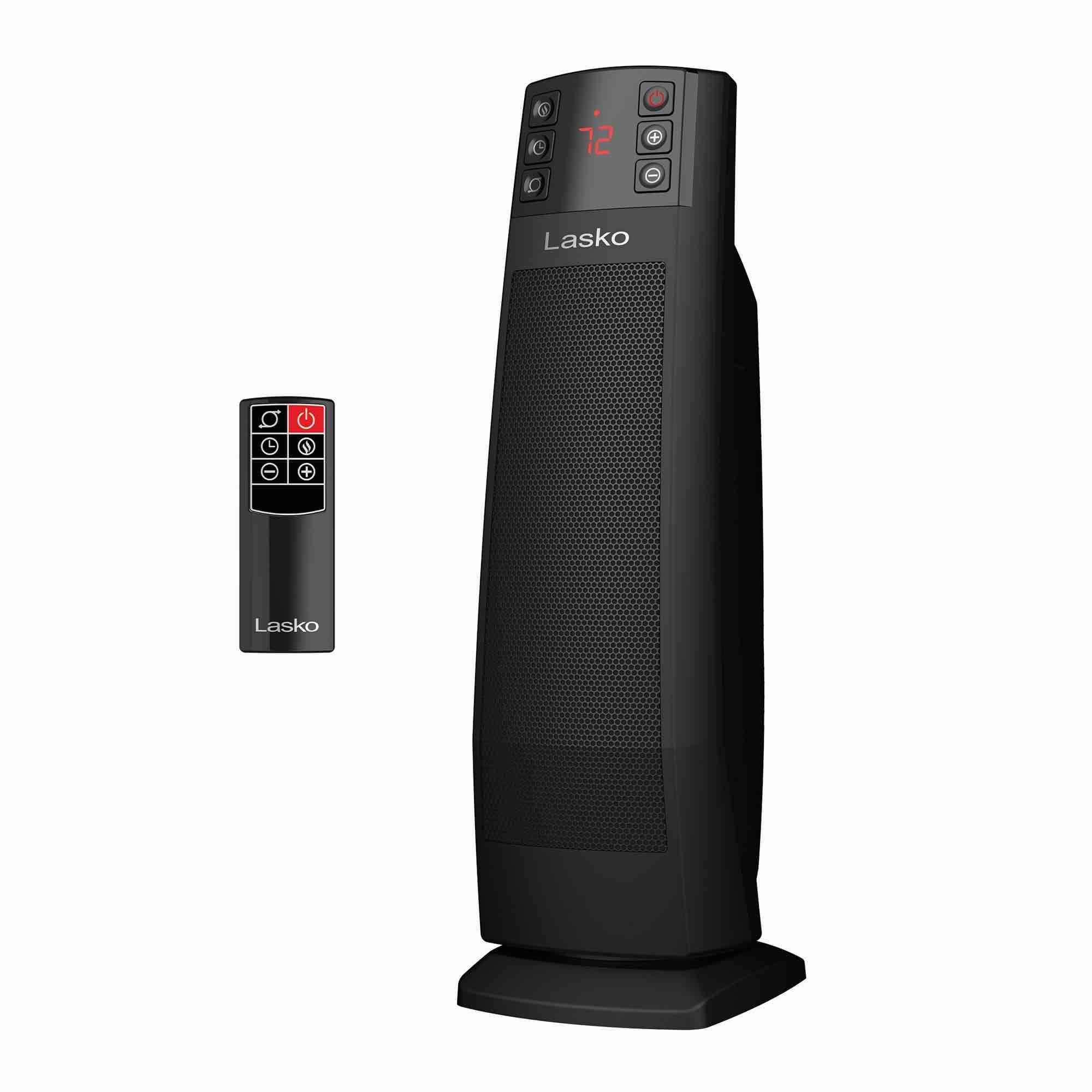 Lasko 22” Oscillating Electric Ceramic Tower Space Heater, Tip-Switch, Remote, Black, CT22850