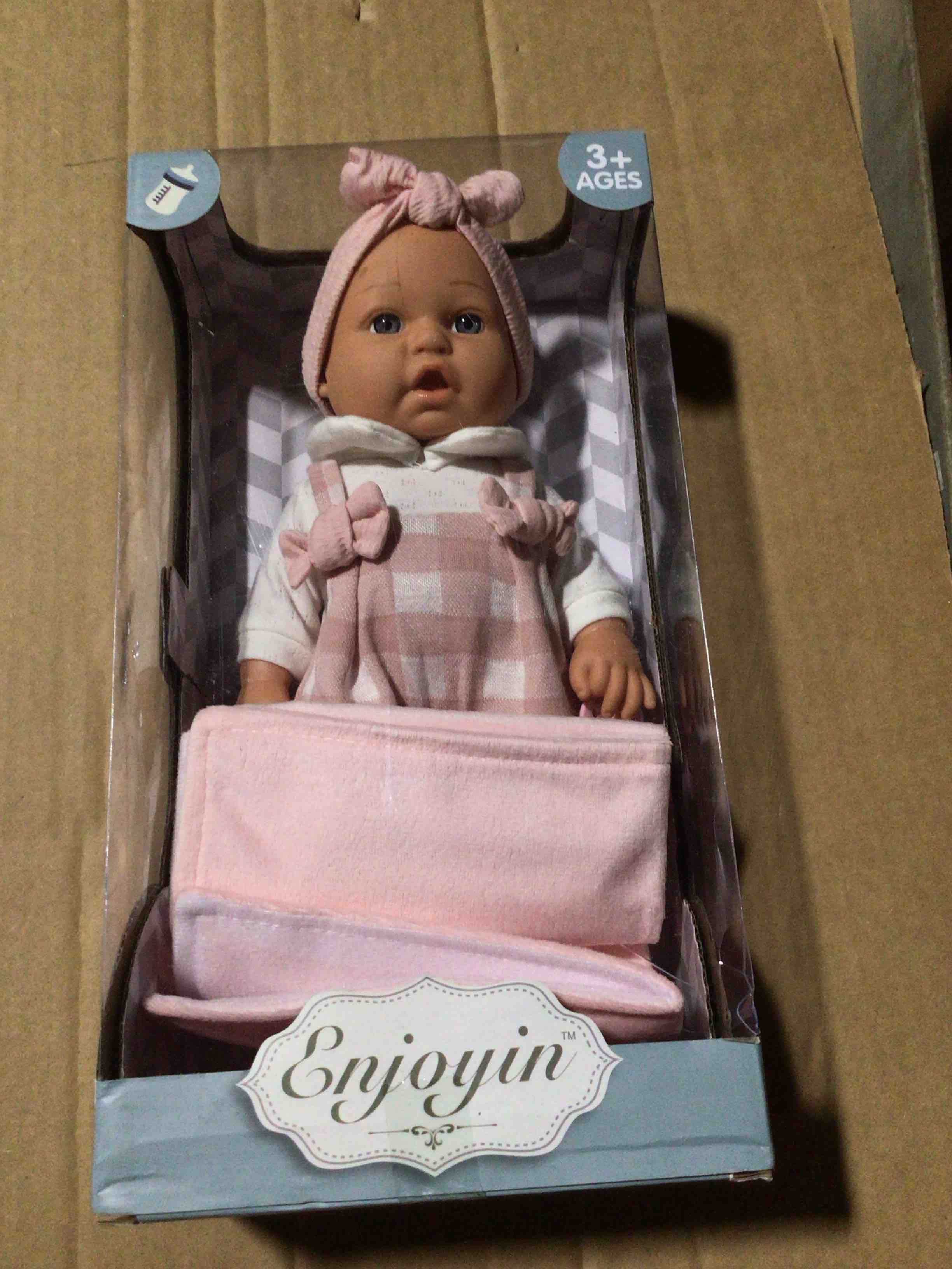 Condition photo showing New/Like New for Enjoyin 12'' Baby Doll in Gift Box with Pink Cloths, Pacifier, 13''x13'' Microfabric Blanket, and Feeding Bottle. Gift Idea for Ages 3+