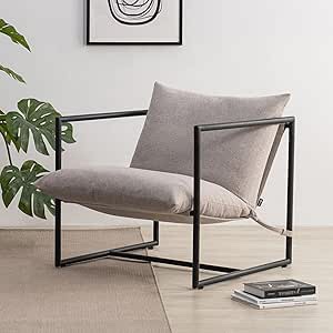 zinus aidan sling accent chair, metal framed armchair with shredded foam cushioning, oatmeal