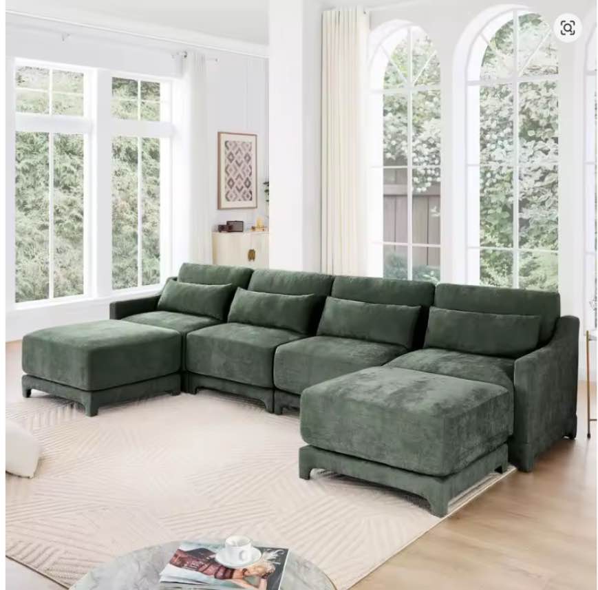 Elegant 4-Seater Sofa with Movable Ottoman, Lumbar Pillow, Chenille Fabric, Solid Wood Frame, Ergonomic Design, High-Resilience