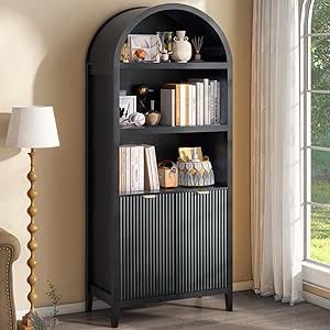 LYNCOHOME 71 Inch Fluted Arched Cabinet with Doors, Tall Storage Cabinet, Oak Wood Finish, Adjustable Shelves, Arched Bookcase for Dining Room,Kitchen?Black?