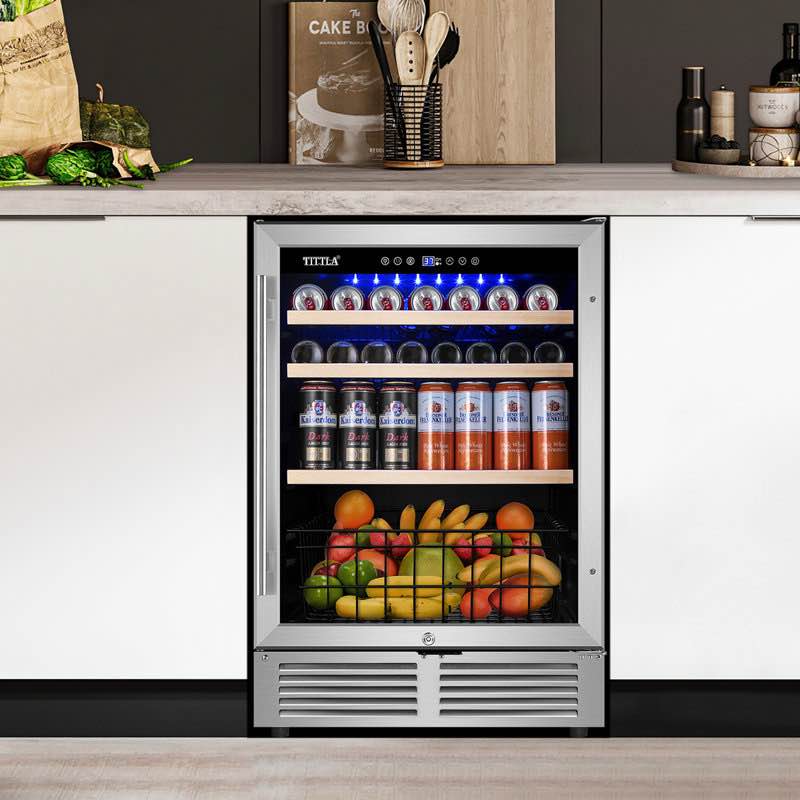 24 in. Single Zone 220 Plus Cans Beverage Refrigerator in Silver with 2-Different Door Handle Built-in Beverage Cooler By Tittla